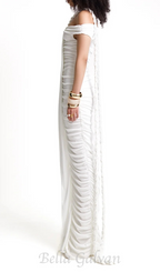 cara white off-shoulder ruched bodycon maxi dress with rope embellished Flowering Girl