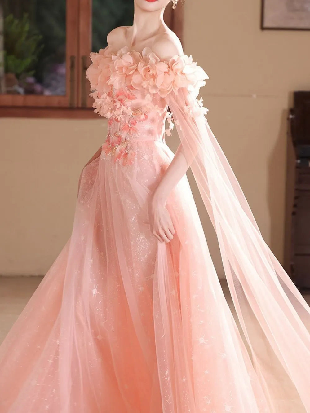 Mayura Pink Off-Shoulder Mesh Maxi Dress Flowering Girl