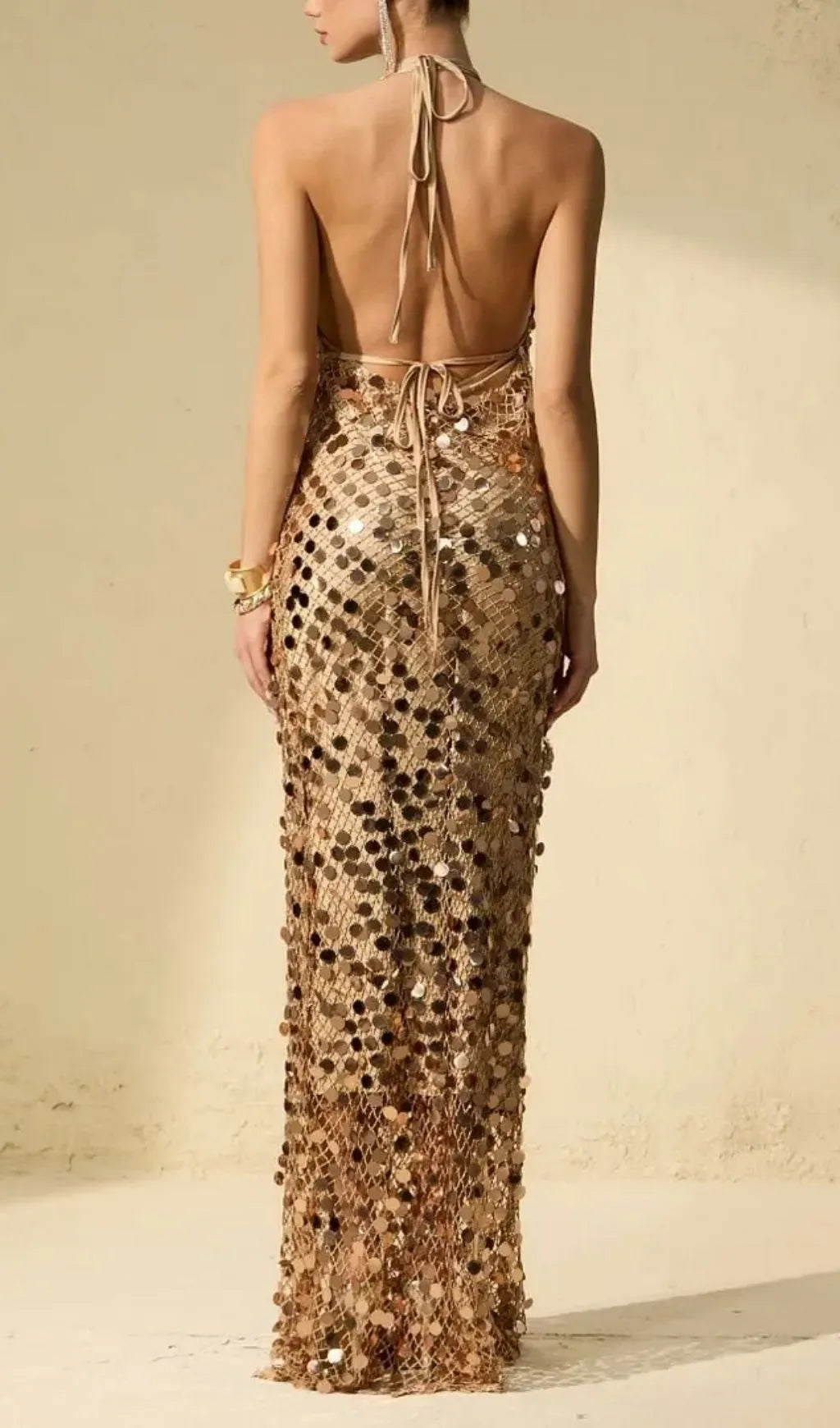 Jennifer Gold Sequin Fishnet Backless Maxi Dress Flowering Girl