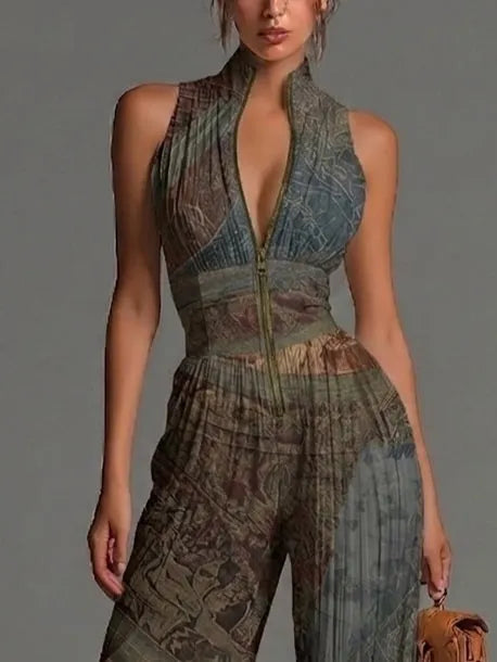 Bohemian Ethnic Print Sleeveless Zipper Pleated Wide-leg Chiffon Jumpsuit Flowering Girl