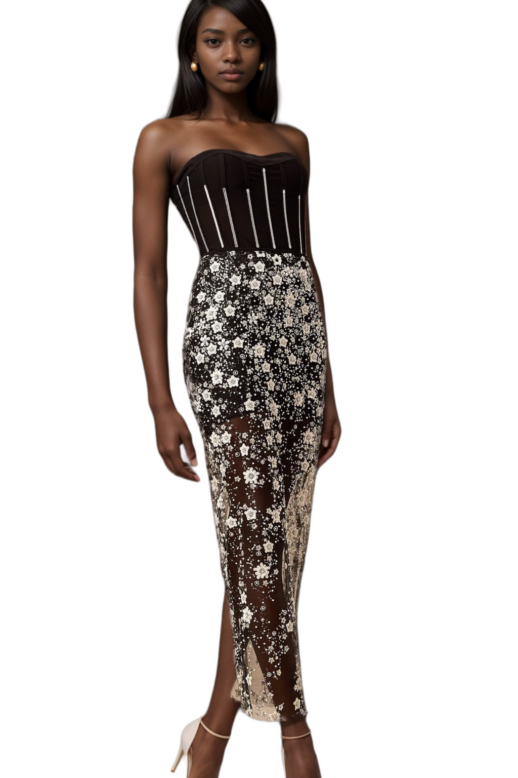 Ophélie Black Sequined Flower Corset Midi Dress Flowering Girl