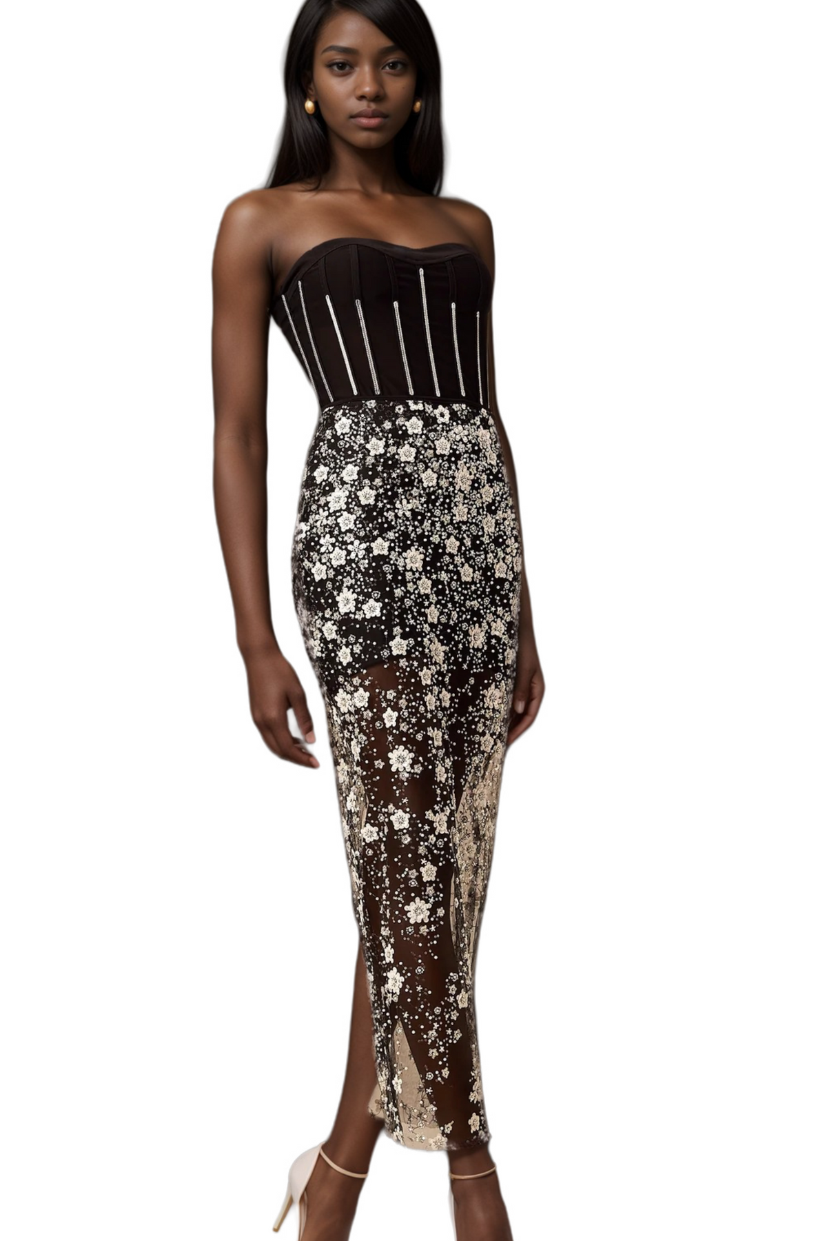 Ophélie Black Sequined Flower Corset Midi Dress Flowering Girl