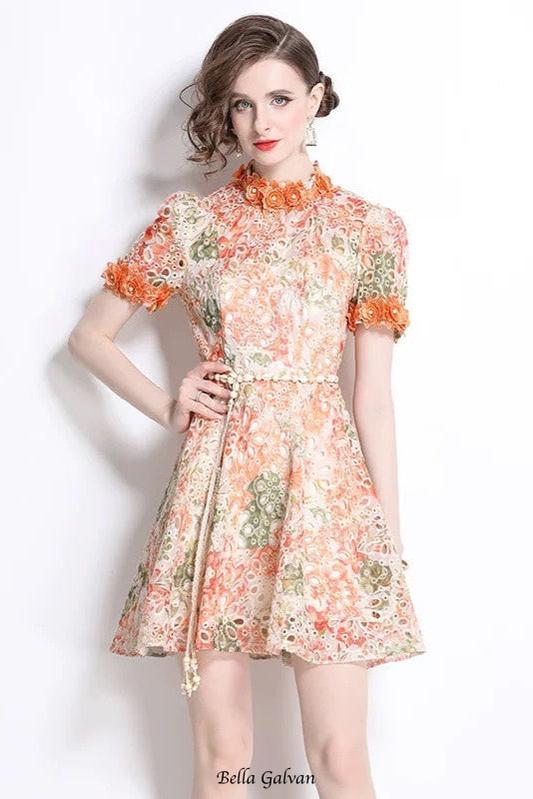 Embroidered hollow floral puff sleeves mini dress Flowering Girl