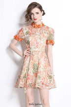 Embroidered hollow floral puff sleeves mini dress Flowering Girl