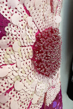 Sequin Flower Embellished Puff Sleeve Midi Dress In Pink Flowering Girl
