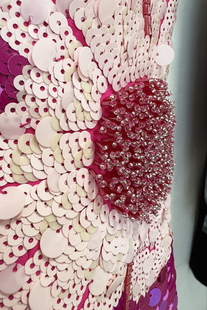 Sequin Flower Embellished Puff Sleeve Midi Dress In Pink Flowering Girl