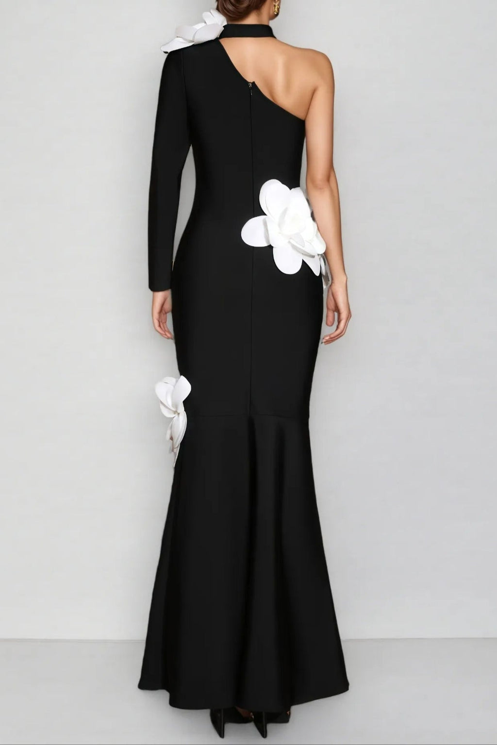 Gemma One Shoulder 3D Flower Bandage Maxi Dress In Black Flowering Girl