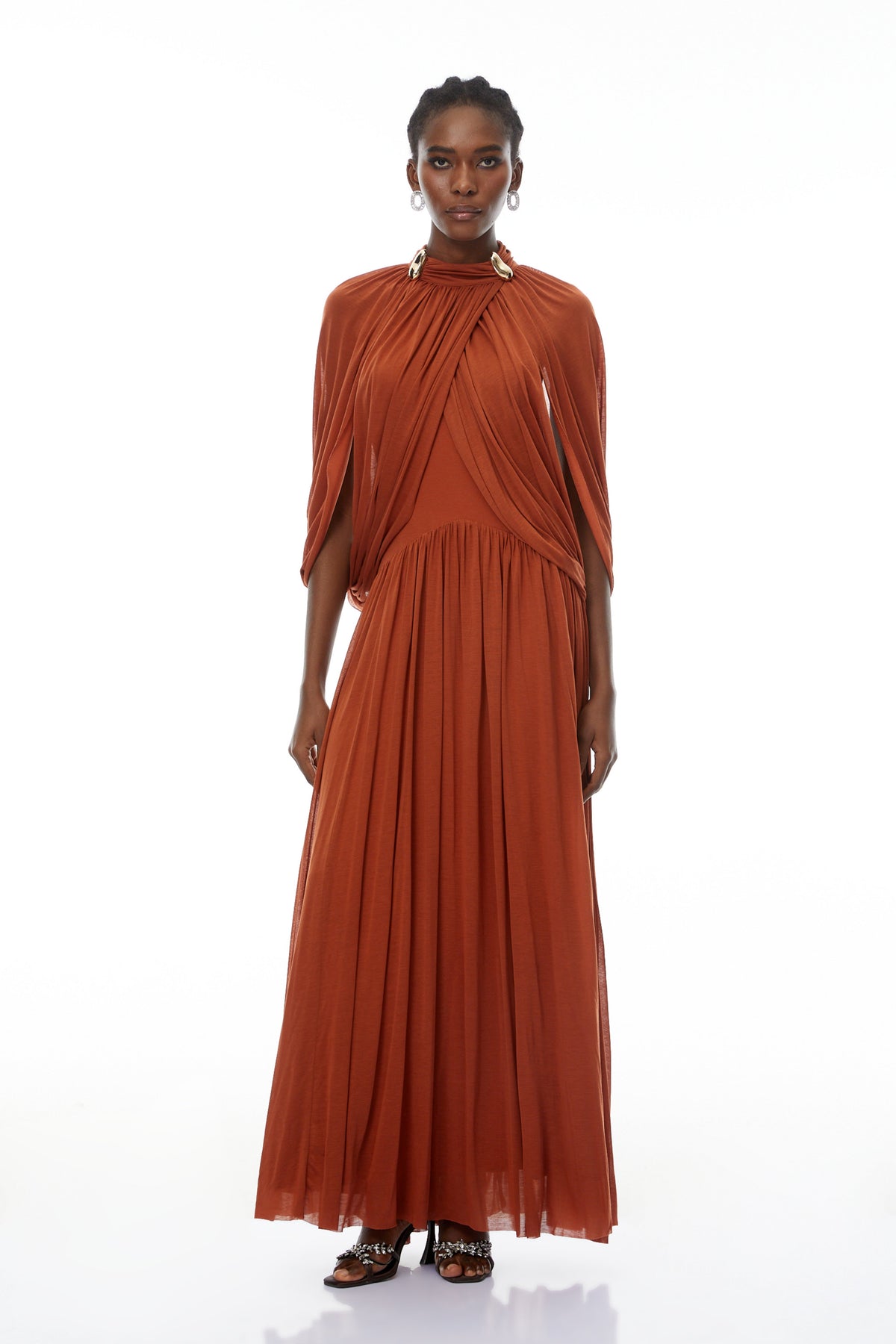 Leona Brown Draped Cape Sleeve Knit Maxi Dress Flowering Girl