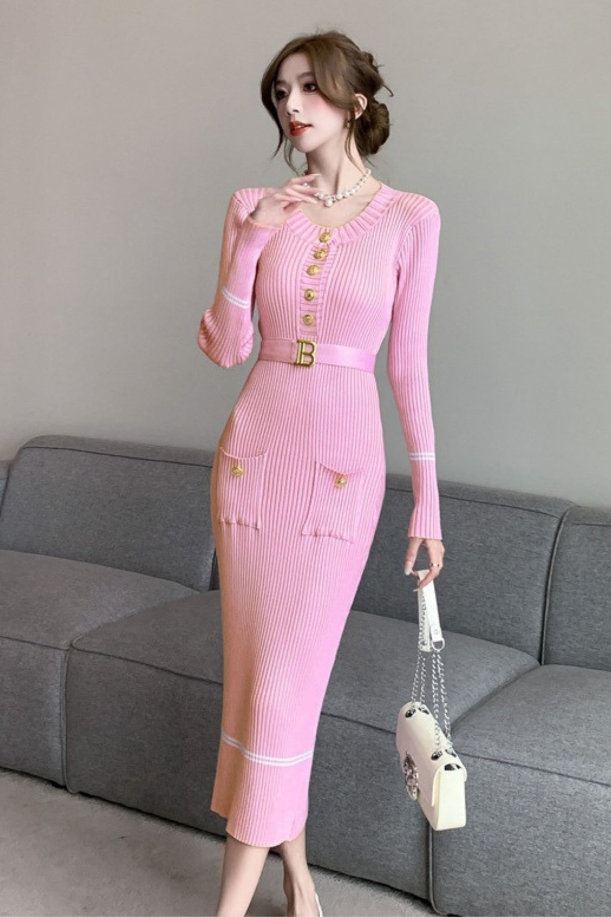 Metal Button Jersey Long Sleeve Midi Dress Pink Flowering Girl
