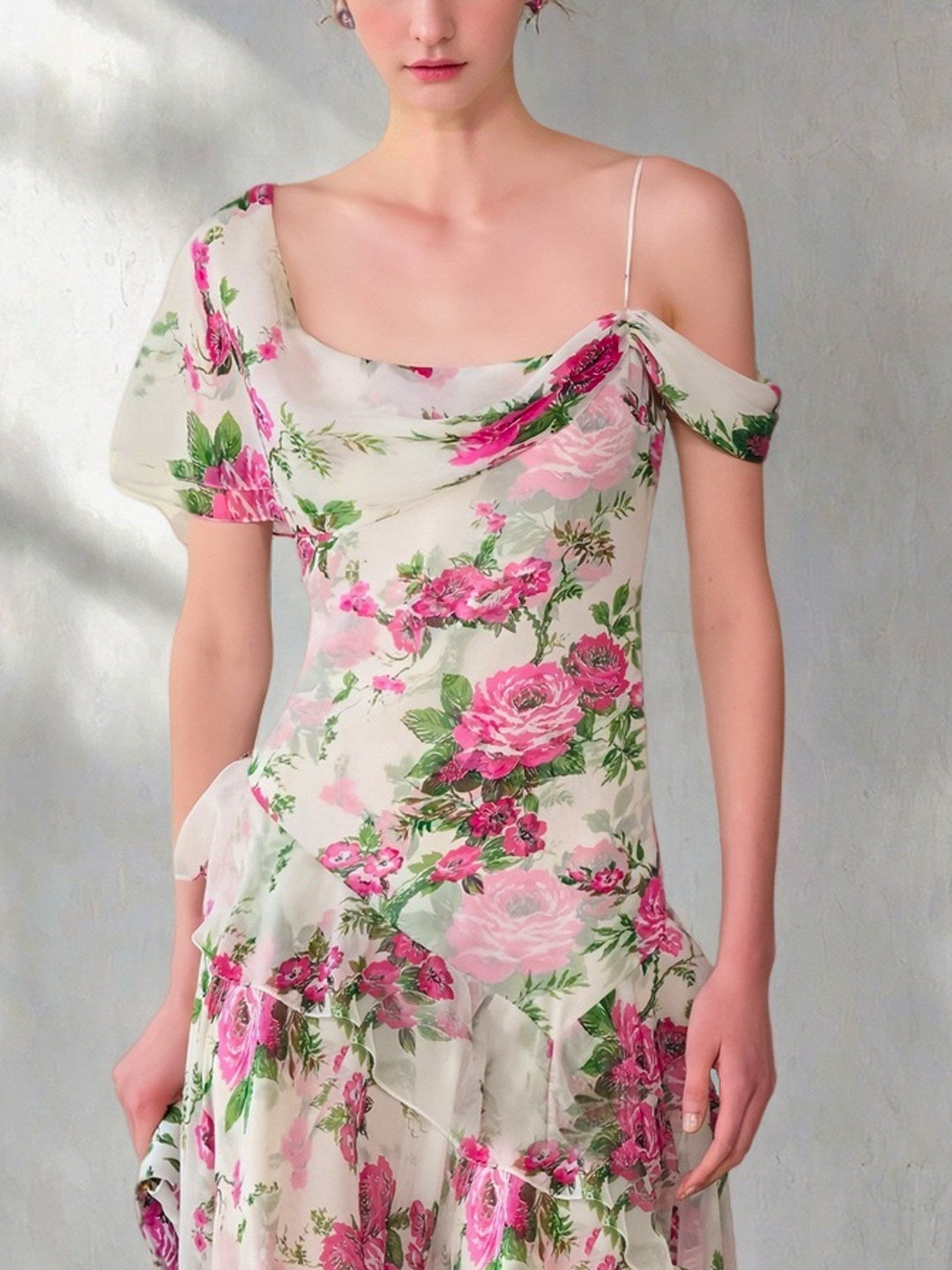 White Off-The-Shoulder Floral Printed Midi Dress Flowering Girl