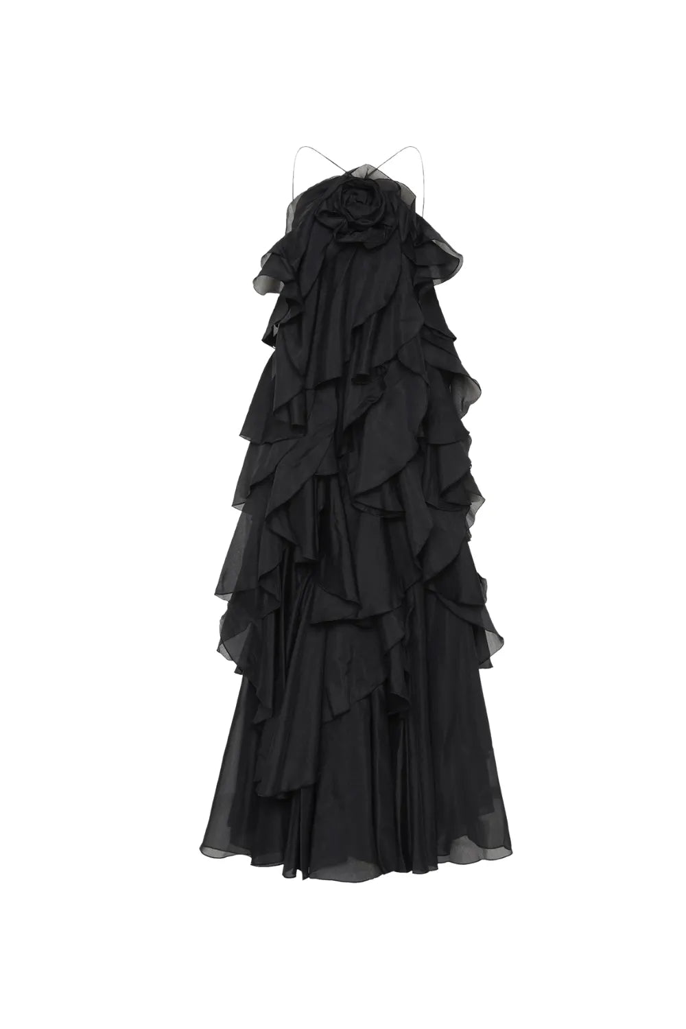 Caysie Halter Floral Ruffle Layered Maxi Dress in Black Flowering Girl