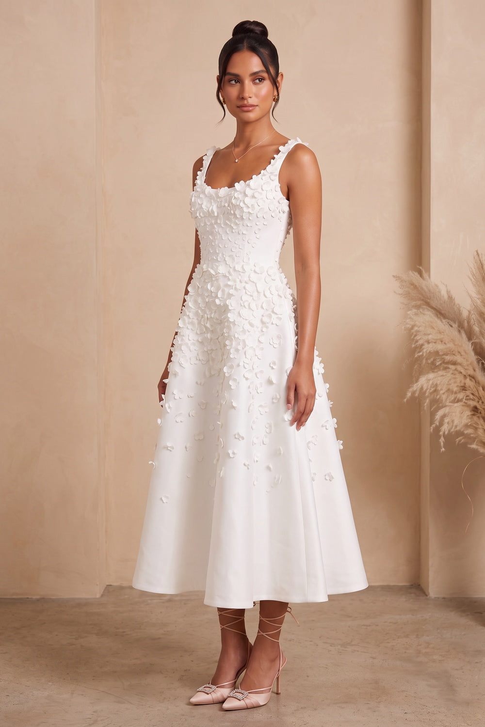 White Satin A-Line Midi Dress with 3D Floral Appliqués Flowering Girl