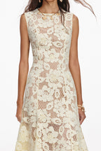 Marjorie Yellow Crochet Lace Hollow Midi Dress Flowering Girl