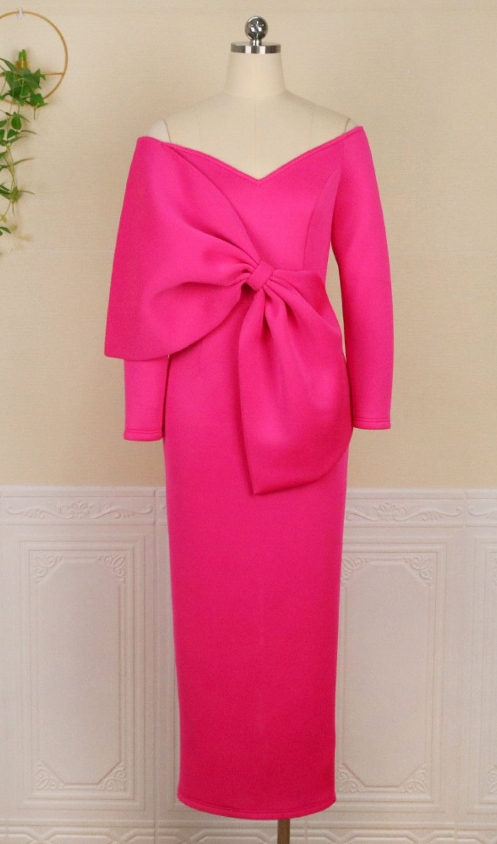 Batan Pink Bow Long Sleeve Midi Dress Flowering Girl