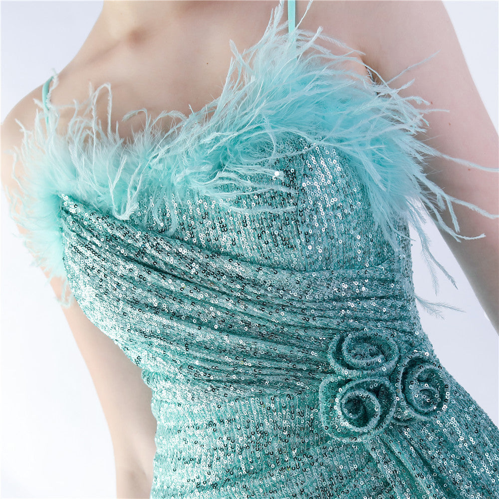 Chroma Mint Sequin Flower Feather Maxi Dress Flowering Girl