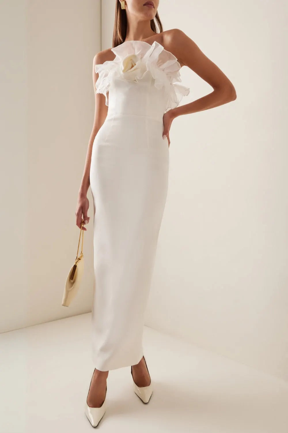 Ruffled Silk Strapless Midi Dress In Beige Flowering Girl