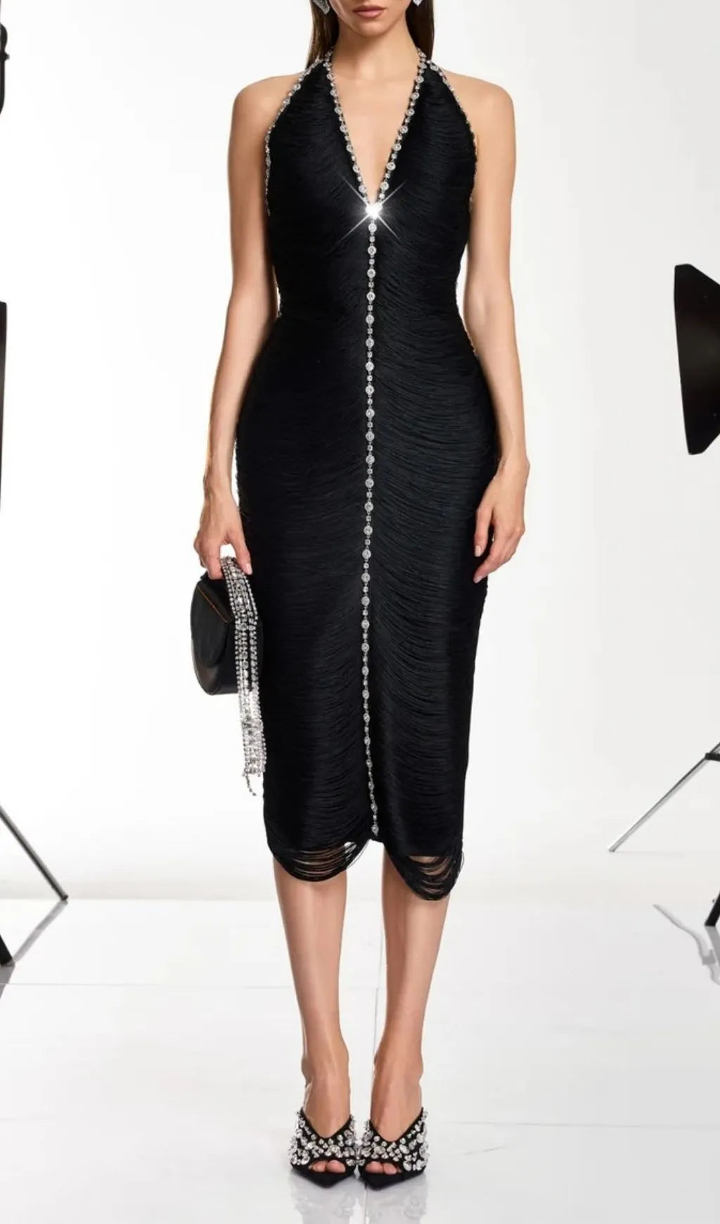 Halric V Neck Fringe Rhinestone Midi Dress Flowering Girl