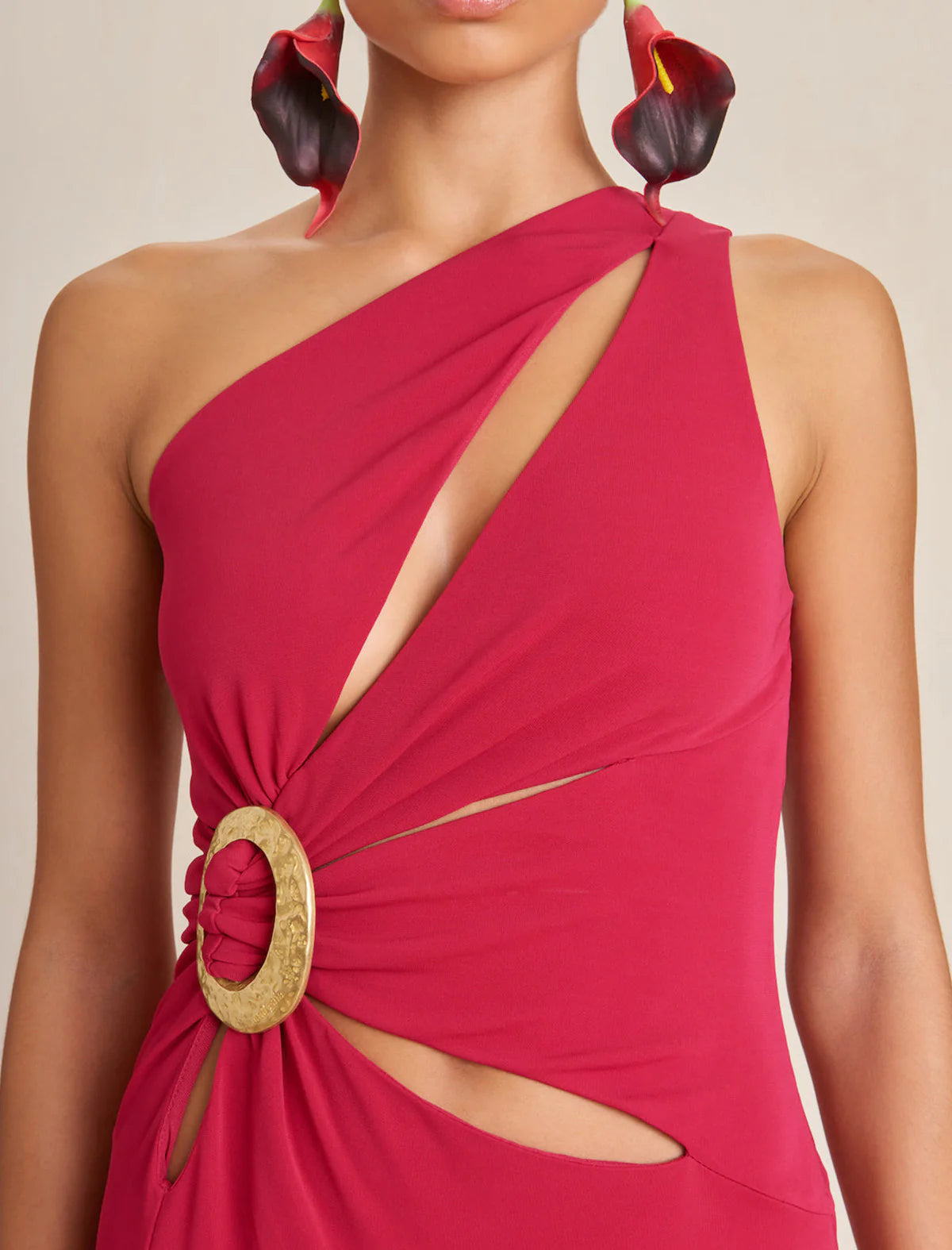 One-Shoulder Cutout Side Slit Maxi Dress In Magenta Flowering Girl