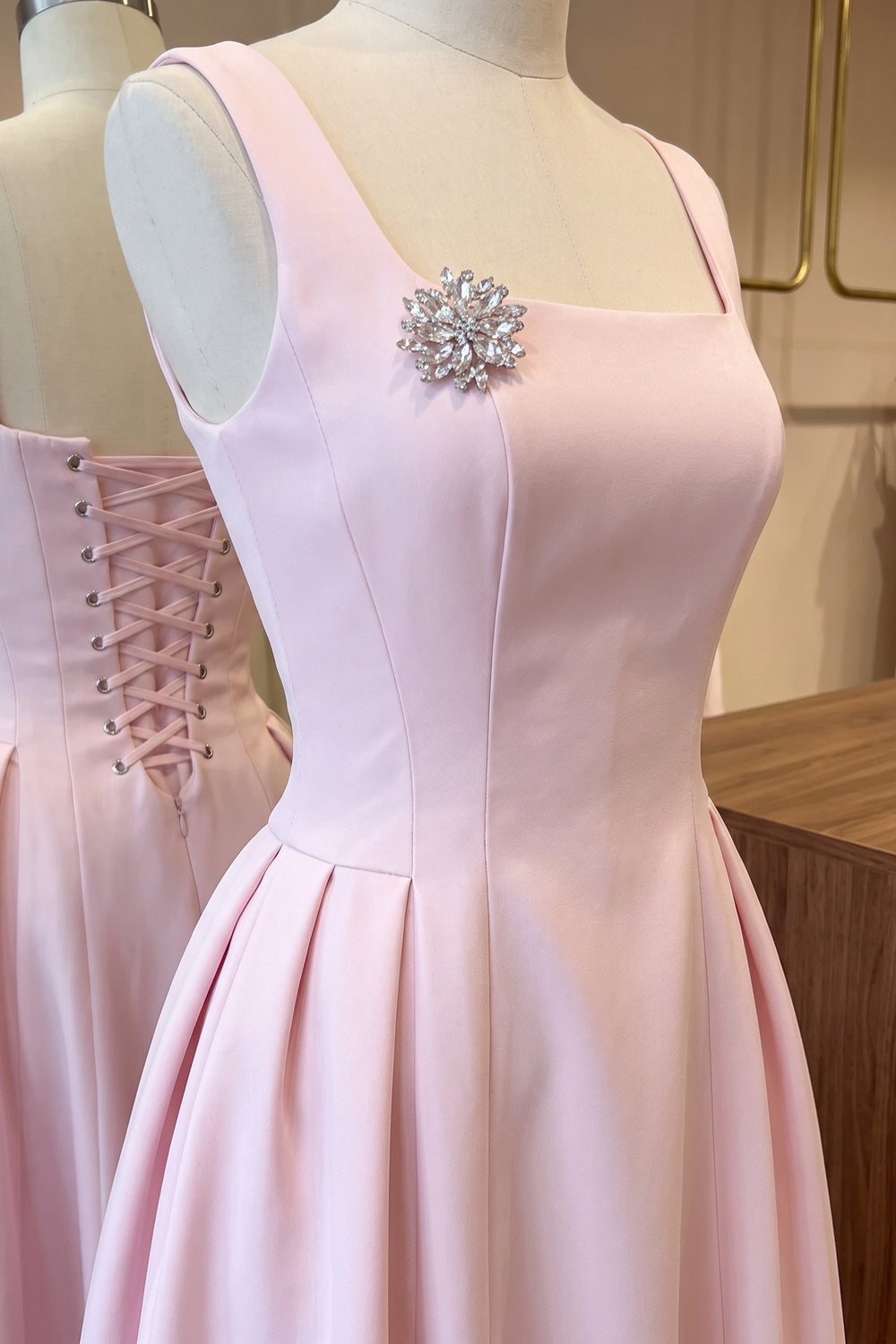 Light Pink Structured Satin Fit-and-Flare Midi Dress Flowering Girl