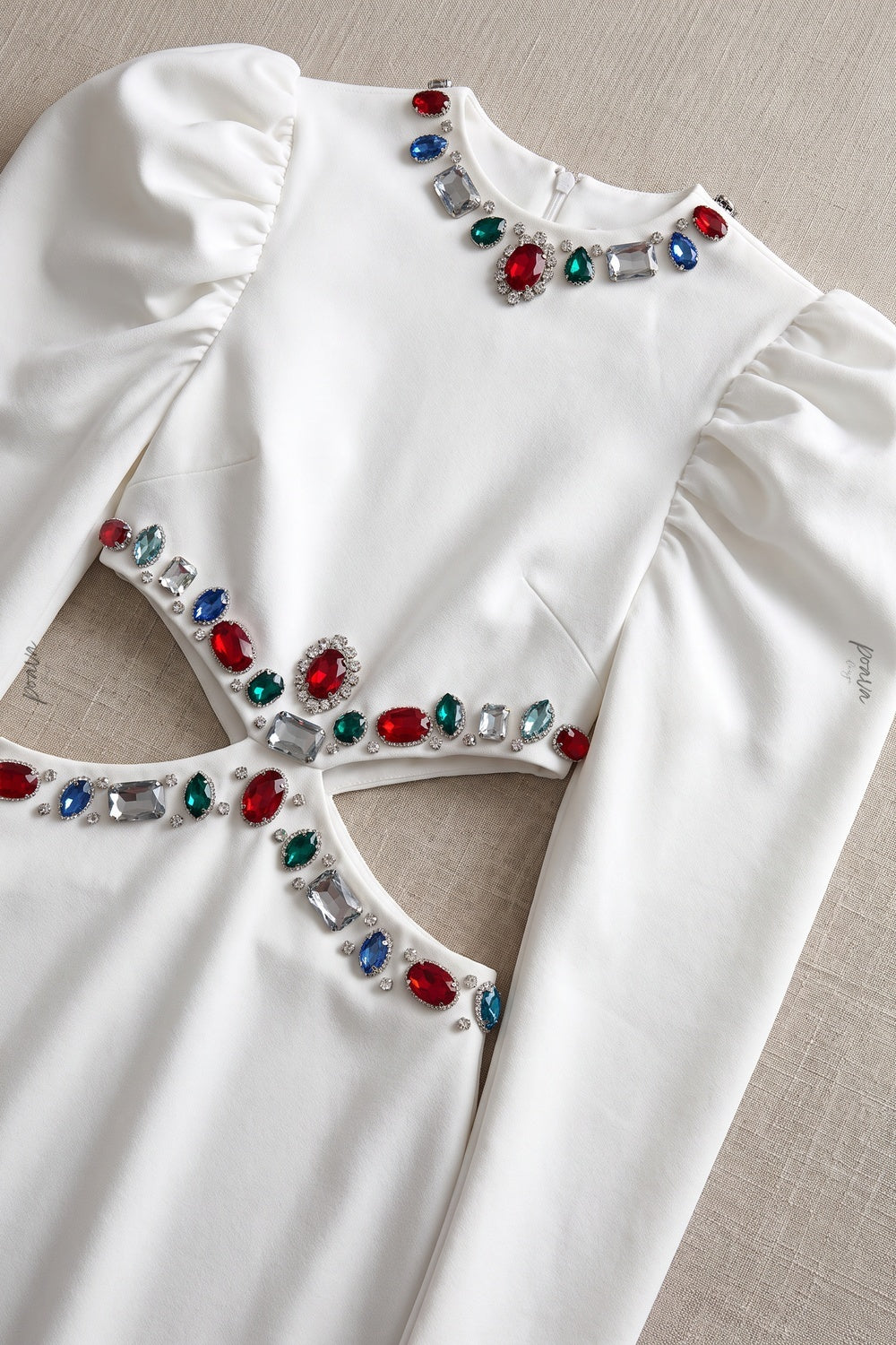 White Heavy Crepe Column Maxi Dress with Puff Shoulders and Crystal Cutouts Flowering Girl