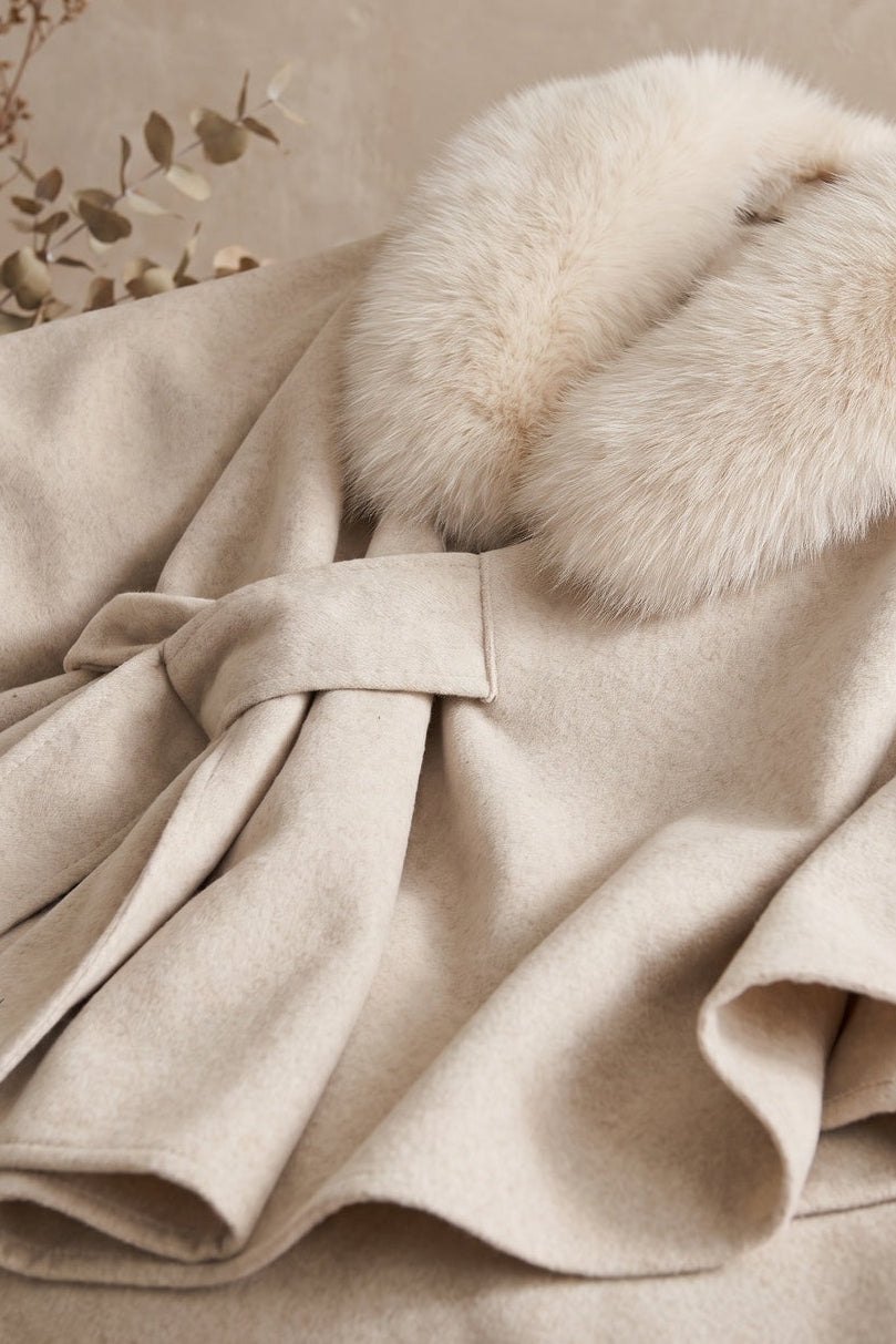 Cream Brushed Wool Blend Draped Wrap Cape Flowering Girl