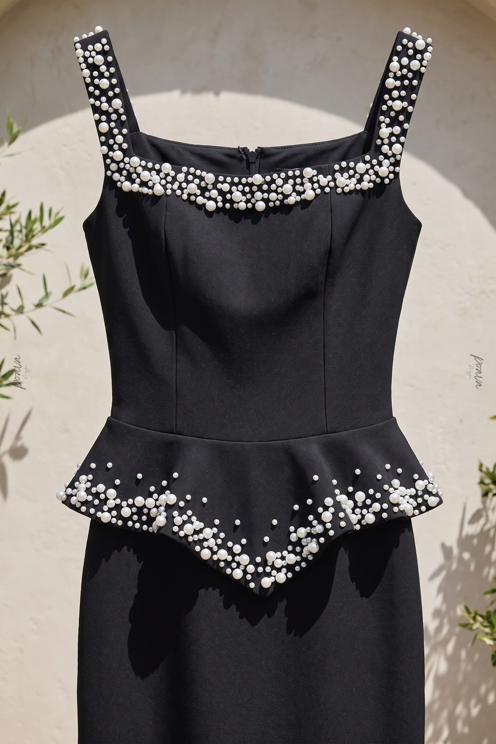 Black Heavy Crepe Column Gown with Structured Peplum and Pearl Embellishments Flowering Girl