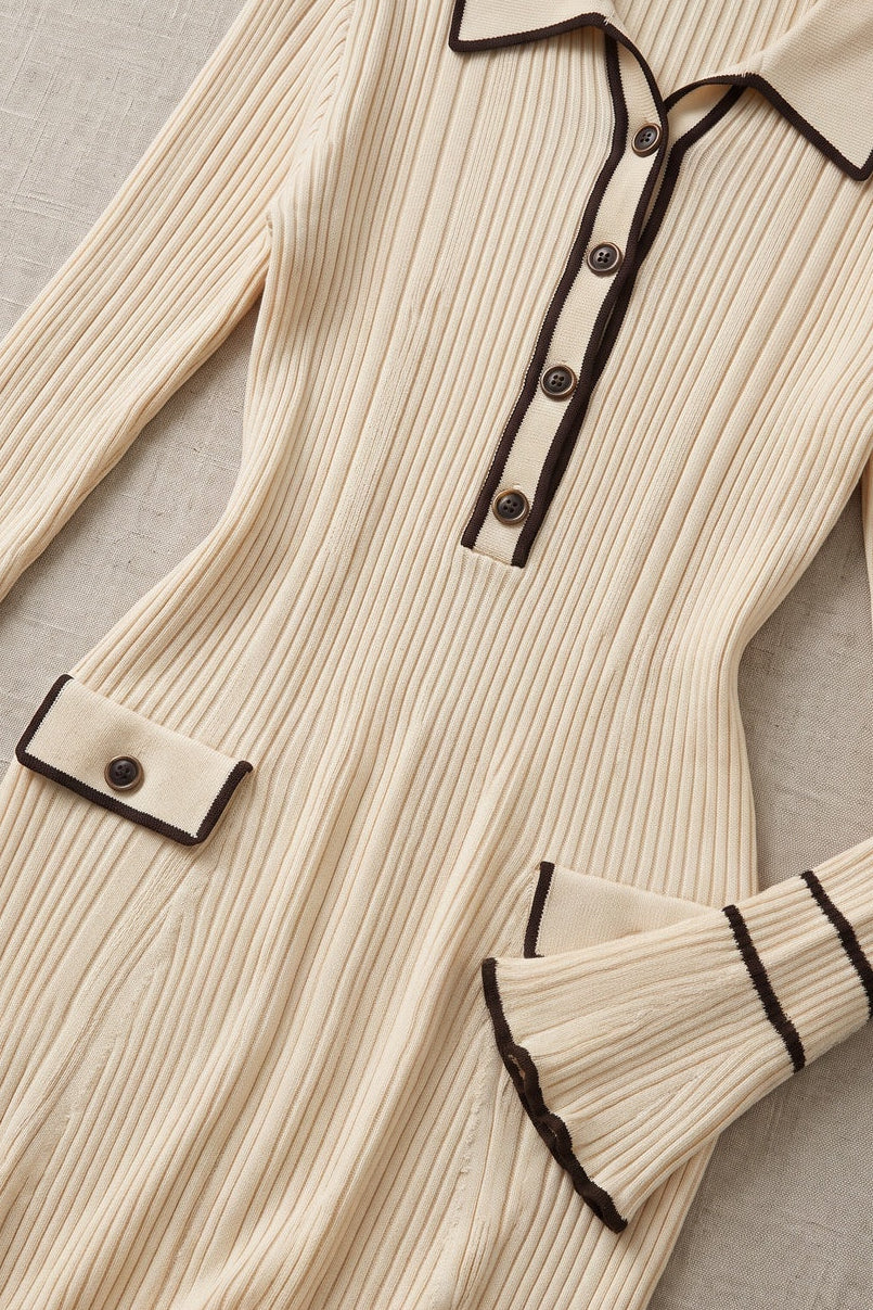 Cream Ribbed Knit Polo Dress with Contrast Trim Flowering Girl