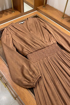 Bronze Brown Pleated Satin-Georgette Blend Maxi Dress Flowering Girl