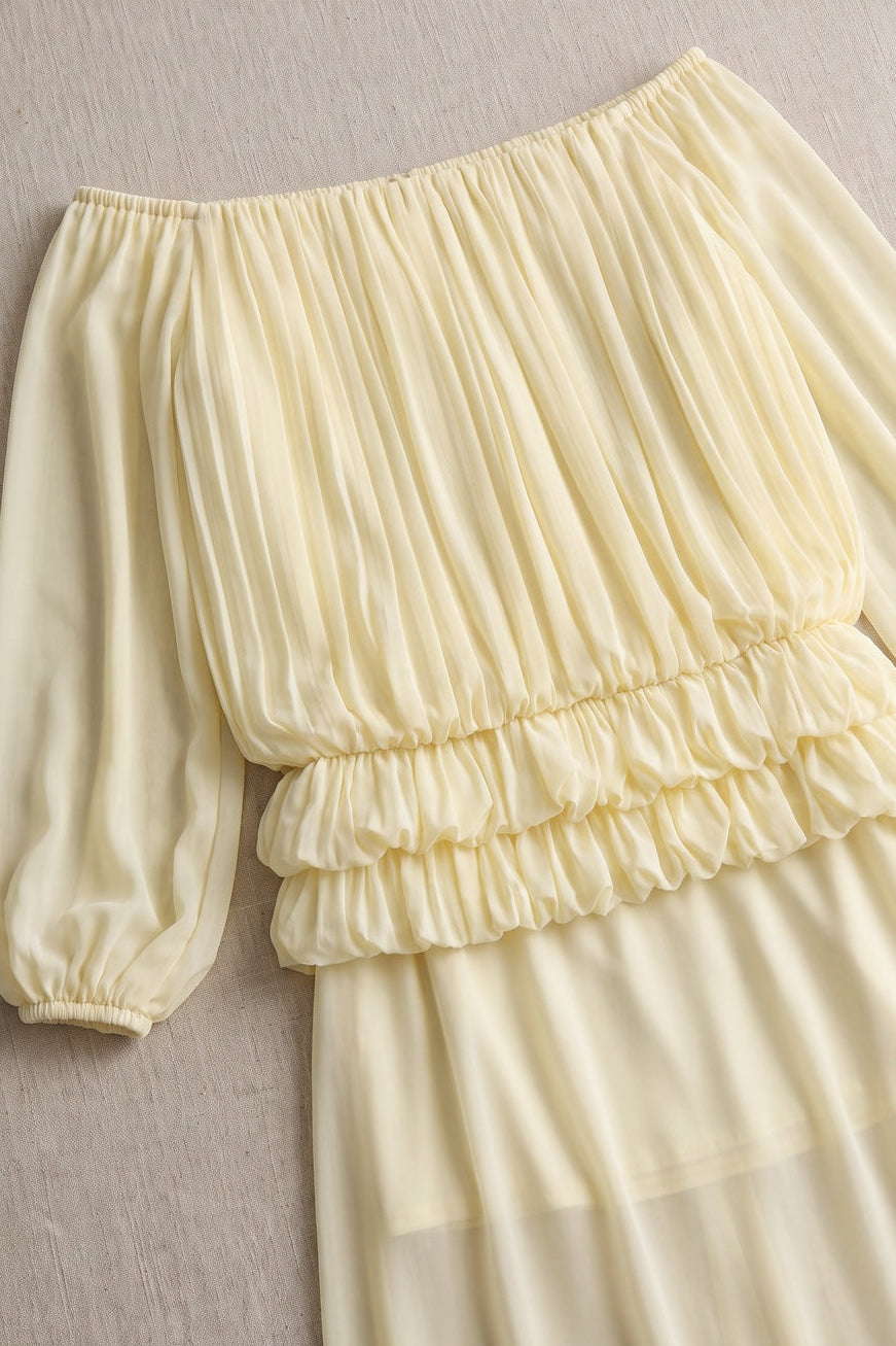 Pale Yellow Chiffon Off-The-Shoulder Blouson Two-Piece Set Flowering Girl