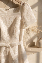 Ivory Floral Lace A-Line Midi Dress with Square Neckline Flowering Girl