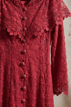 Deep Red Embroidered Floral Lace A-Line Midi Dress Flowering Girl