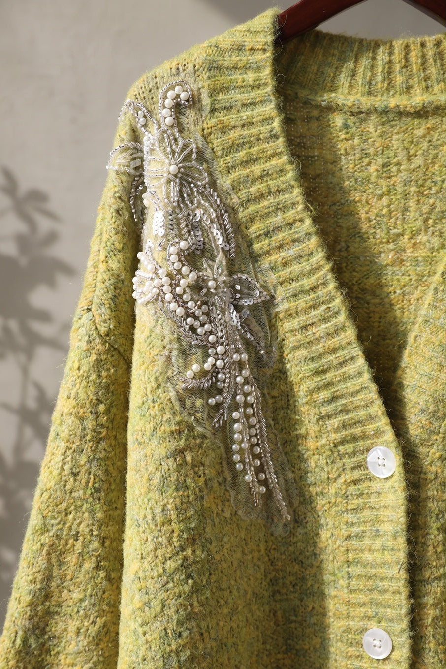Chartreuse Heathered Knit Oversized Cardigan with Beaded Pearl Shoulders Flowering Girl