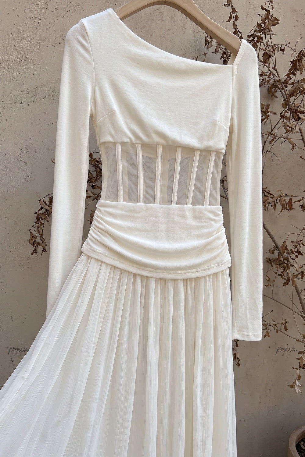 Cream Asymmetrical Off-The-Shoulder Maxi Dress with Sheer Corset Waist Flowering Girl