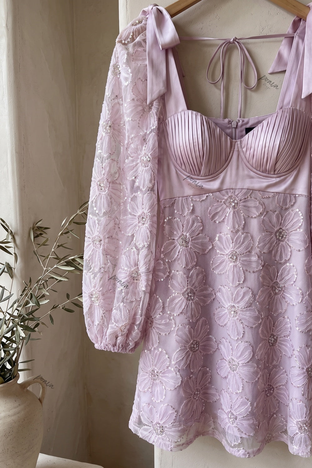 Lilac Sheer Floral Embroidered Mesh A-line Fit-and-Flare Mini Dress Flowering Girl