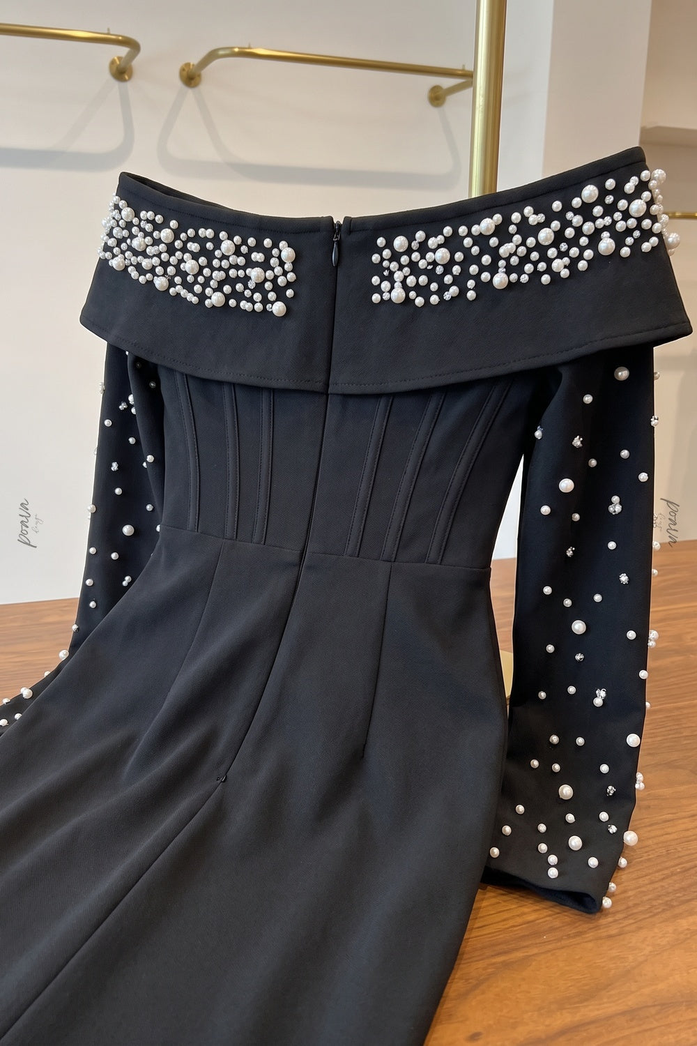 Black Heavy Stretch Crepe Column Evening Gown with Pearl Embellishment Flowering Girl