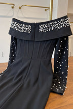 Black Heavy Stretch Crepe Column Evening Gown with Pearl Embellishment Flowering Girl