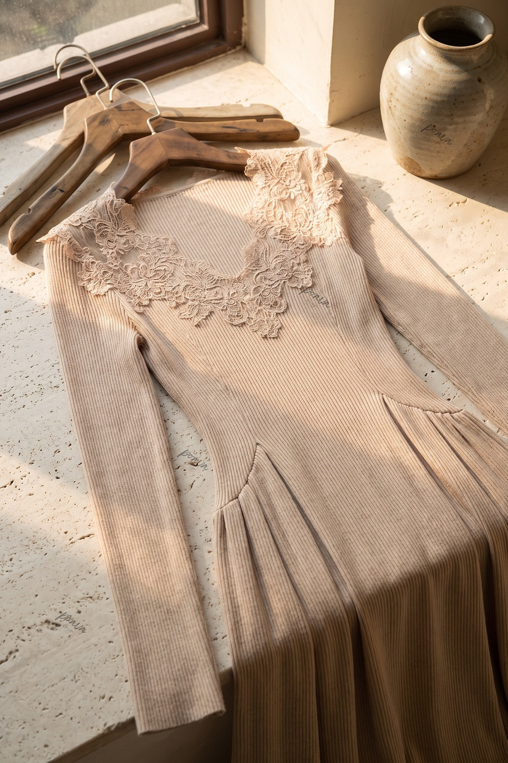 Beige Ribbed Knit A-Line Maxi Dress with Lace Applique Flowering Girl