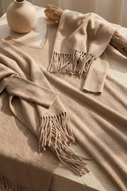 Beige Ribbed Knit Two-Piece Dress and Fringed Shawl Set Flowering Girl