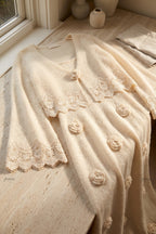 Cream Fuzzy Mohair-Blend Two-Piece Knit Set with Capelet and Rose Appliqué Maxi Dress Flowering Girl