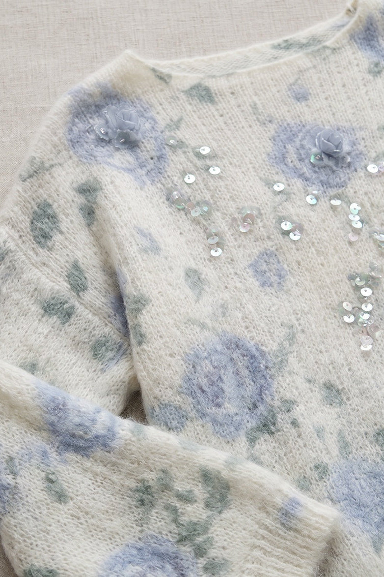 Off-White Mohair-Blend Knit Sweater with Floral Rose Pattern Flowering Girl