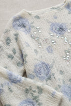 Off-White Mohair-Blend Knit Sweater with Floral Rose Pattern Flowering Girl
