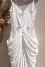 White Crepe Maxi Dress with Corset Lace Bodice and Draped Skirt Flowering Girl