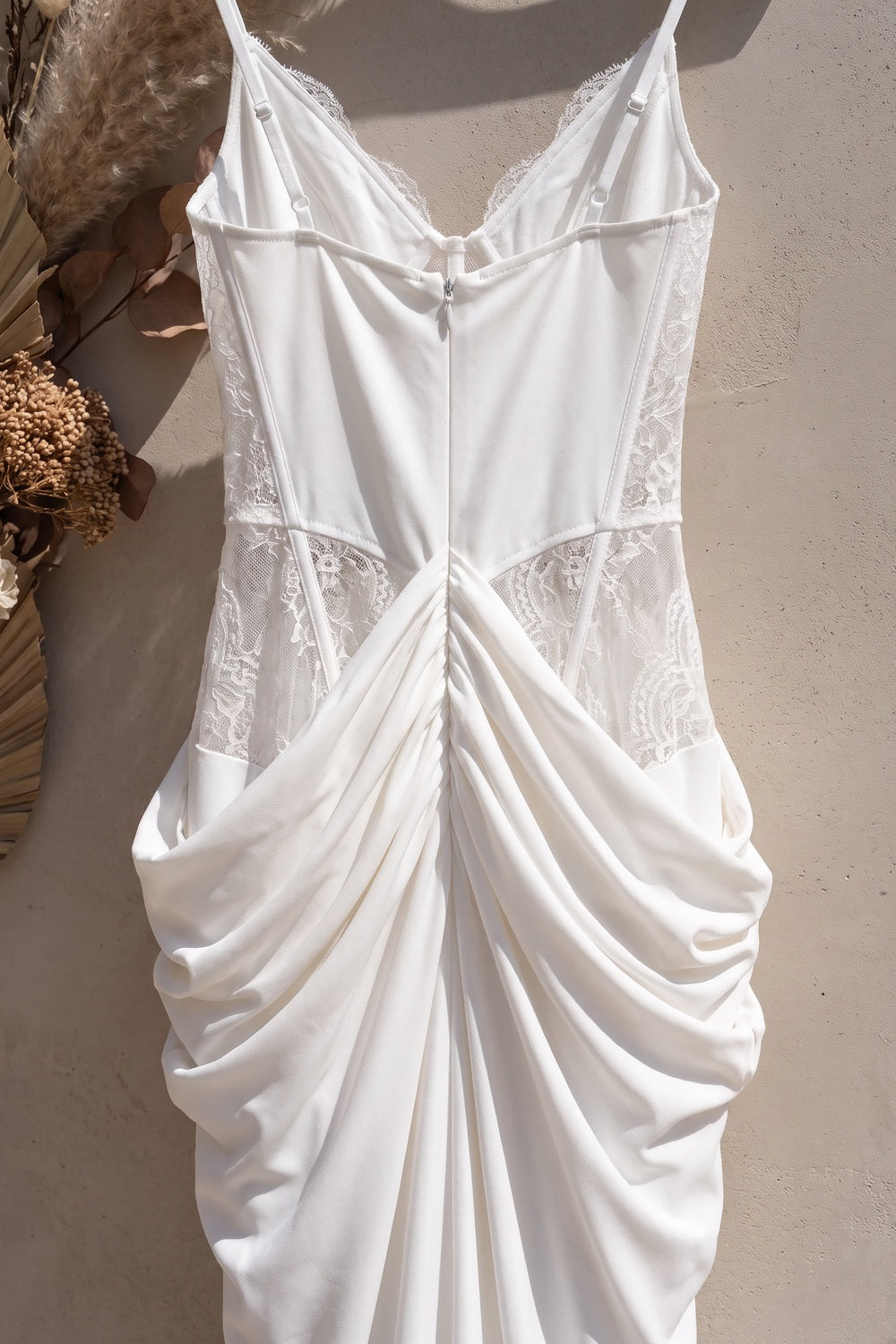 White Crepe Maxi Dress with Corset Lace Bodice and Draped Skirt Flowering Girl