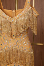 Mustard Gold Fringe Evening Gown with Rhinestone Embellishment Flowering Girl
