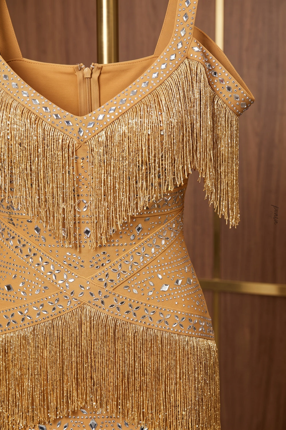 Mustard Gold Fringe Evening Gown with Rhinestone Embellishment Flowering Girl