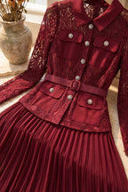 Burgundy Floral Lace Fitted Belted Jacket with Peplum and A-Line Pleated Skirt Two-Piece Set Flowering Girl