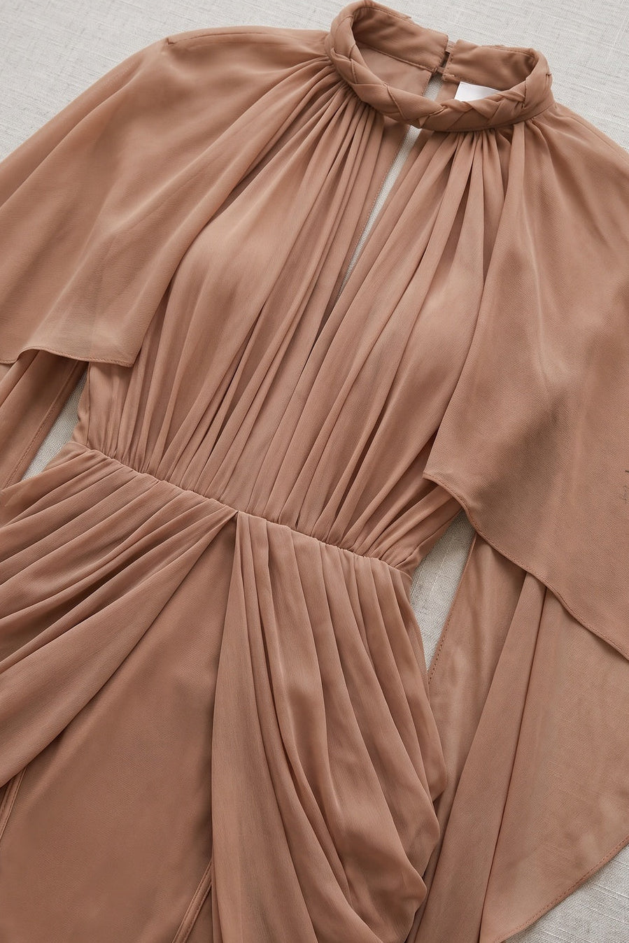 Nude Sheer Chiffon or Georgette Fitted Bodycon Under-Layer with Draped Cape Overlay Mini Dress Flowering Girl