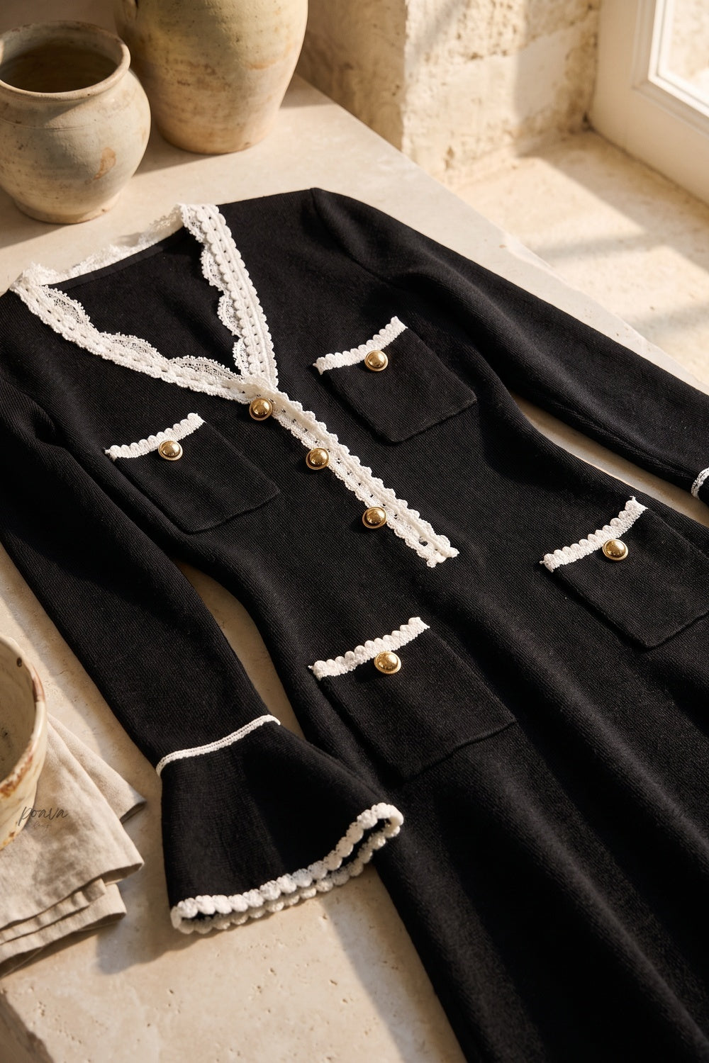 Black Heavy Compact Knit Fit-and-Flare Dress with White Scalloped Trim Flowering Girl