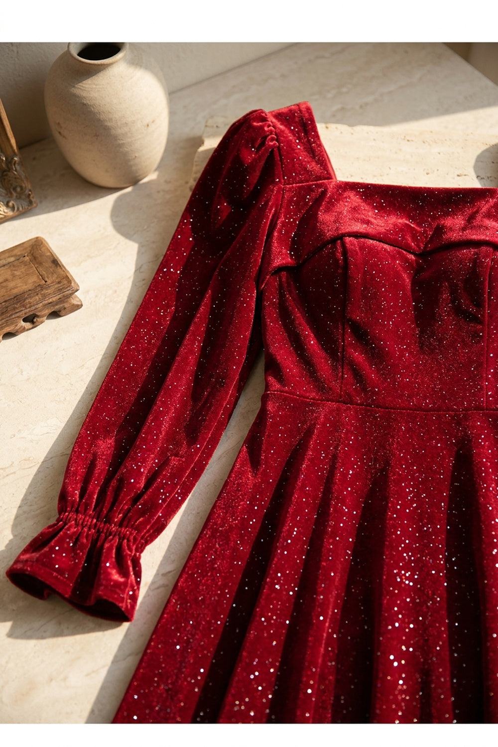 Burgundy Sparkle Square-Neck Midi Dress Flowering Girl