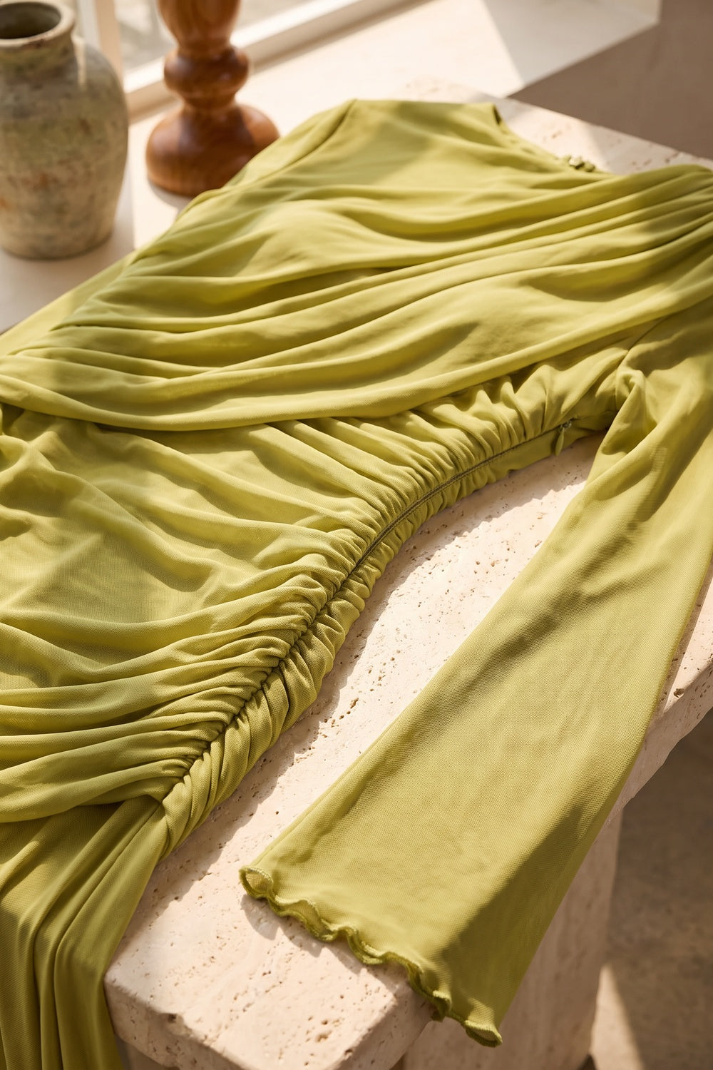 Chartreuse Ruched Mesh Gown Flowering Girl
